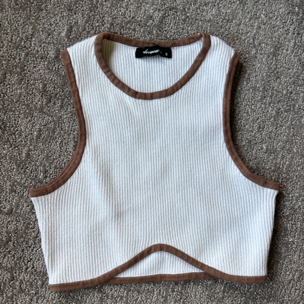 White and Brown Ribbed Tank Top